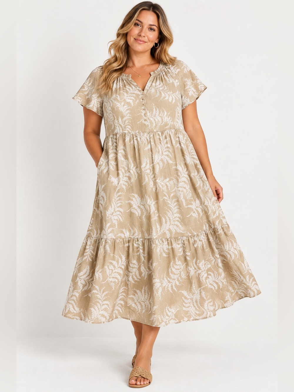 Wonderly Linen- Lyocell Blend Fern Print Tiered Midi Dress Fall Floral | 1X